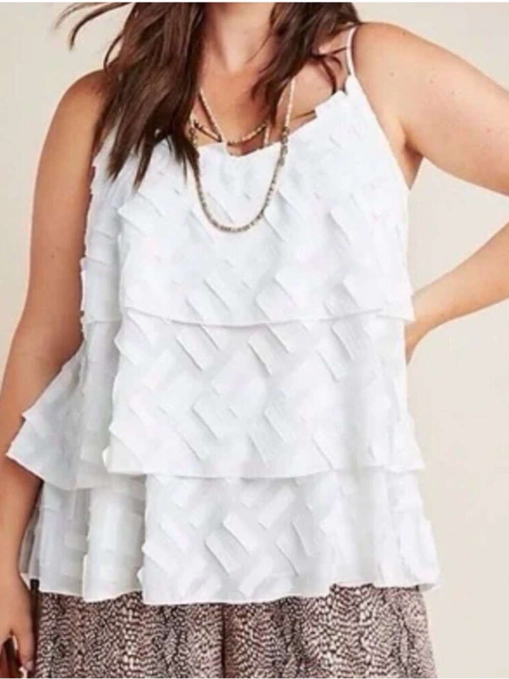 NWT Anthropologie Amadi Ameline Tiered Cami Tank White Ivory Textured Size XL